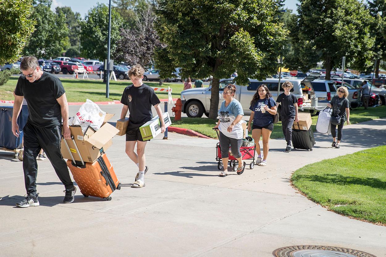 Line of people carrying luggage on the street moving into campus.